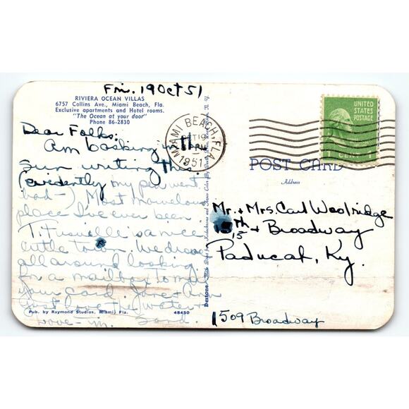 Vintage 1951 Miami Beach FL Riviera Ocean Villas Litho Postcard - Picture 2 of 2